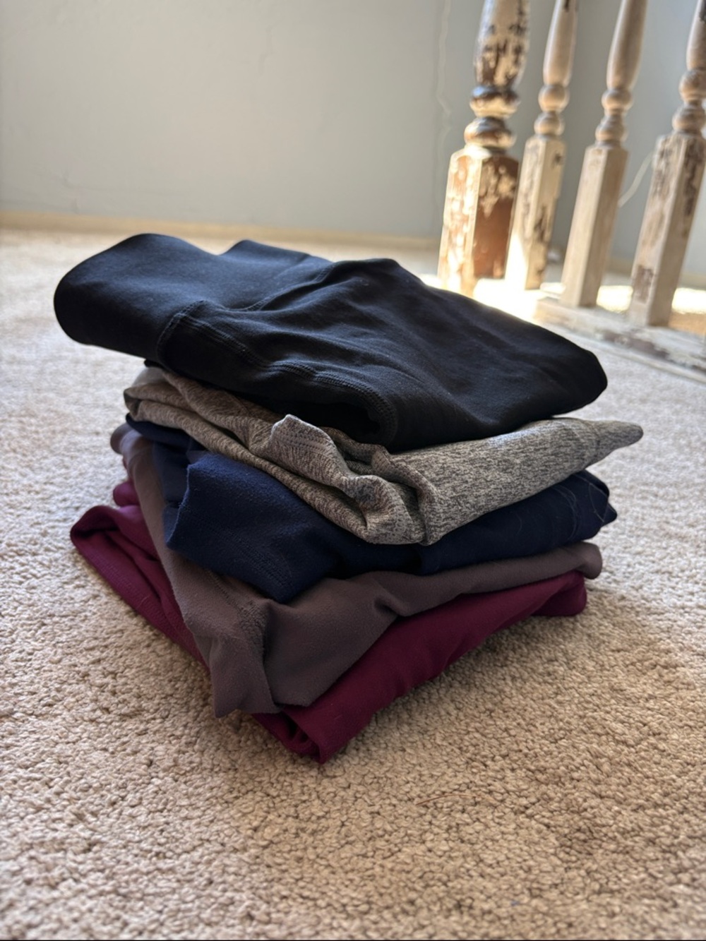 Fabletics Stack of Women's Leggings in Black, Gray, Navy & Berry